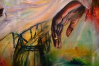Detail von „Path of Trust“: eine von oben herabreichende Hand über der gemalten Brücke.